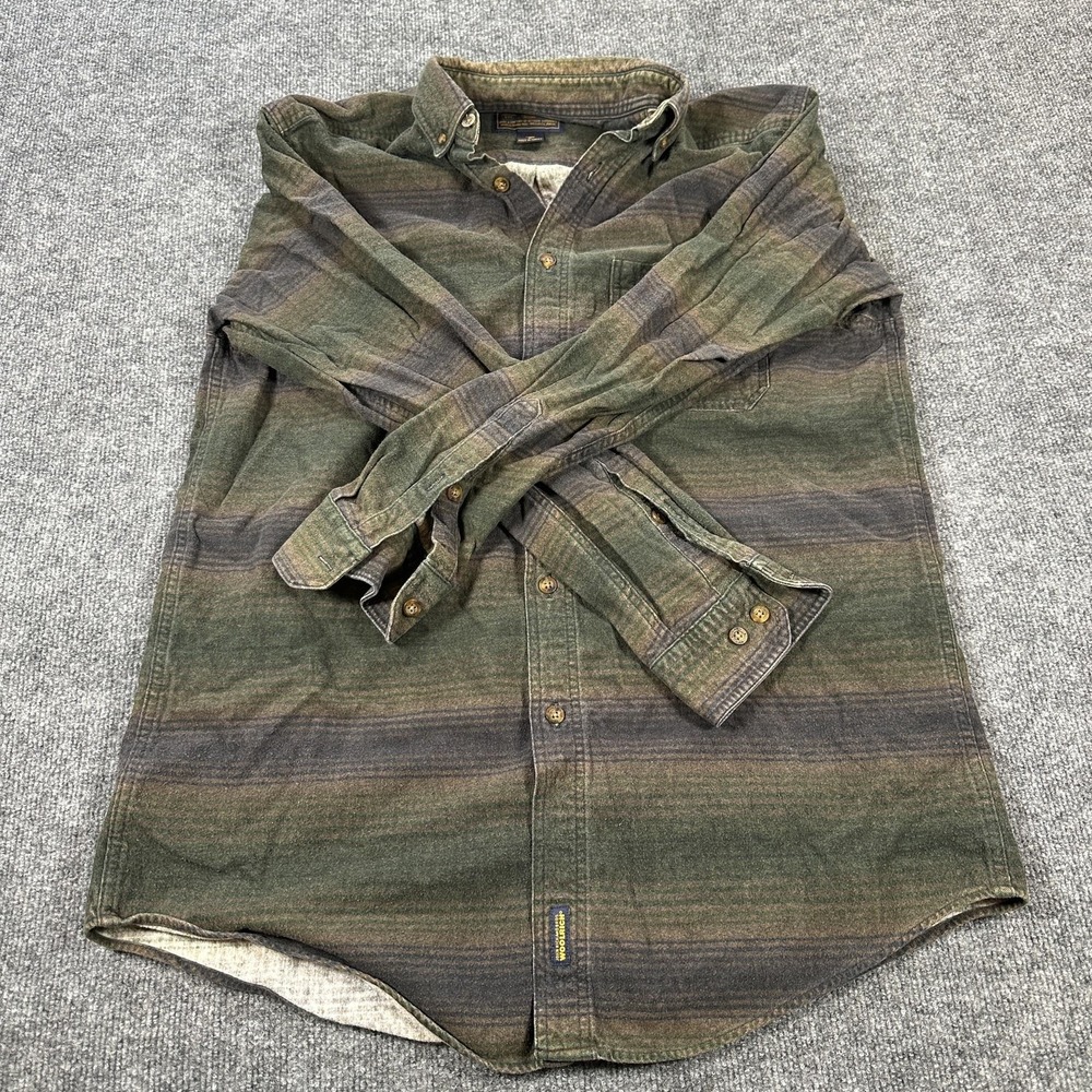 Woolrich Shirt Mens Large Green Striped Wool Flannel Button Up Long Sleeve